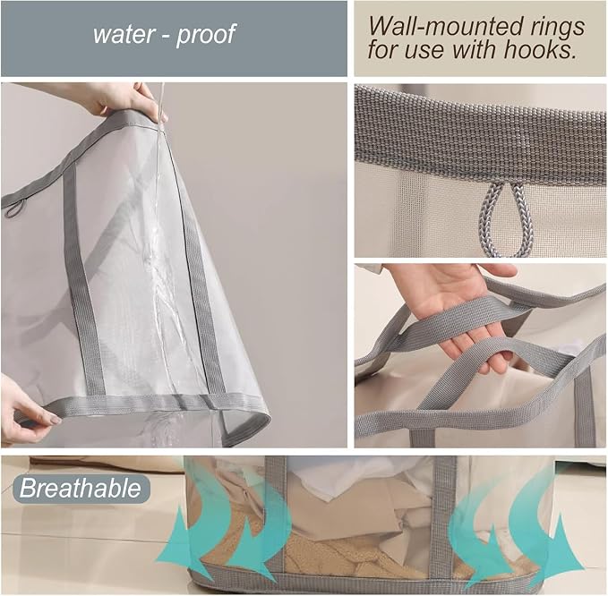 Mesh Bag with Handles, Collapsible Laundry Basket, Foldable Laundry Bag, Breathable Folding Beach Bag,Space-saving Travel Tote Bags (1, Blue)