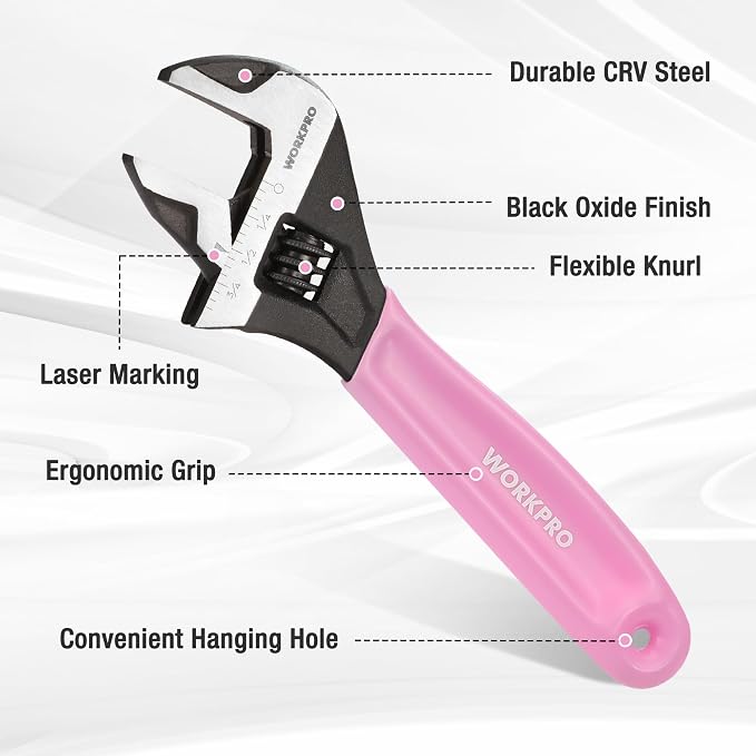 WORKPRO 2 PCS Pink Adjustable Wrench Set, 6-Inch & 10-Inch Wide Jaw Wrenches