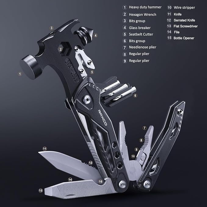 17-in-1 Multi-Tool Claw Hammer Pliers, Rigid Pouch | Screwdrivers, Glass Breaker, EDC for Camping Car Emergency, Gift for Men