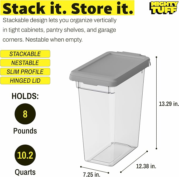 Mighty Tuff 8 lb Dog Food Container with Secure Lid Clasp, Airtight Cat Food Bin, Clear Plastic Pet Food Storage Container with Lid for Kitchen Pantry Organization