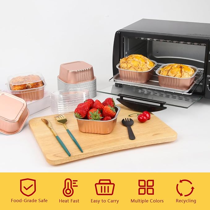 LNYZQUS 5oz Cupcake Mini Cake Pans with Lids 40 Pack, Aluminum Foil Cupcake Cups Brownie Baking Pans,Square Disposable Ramekins Baking Cups,Small Muffin Tin Holders-Champagne