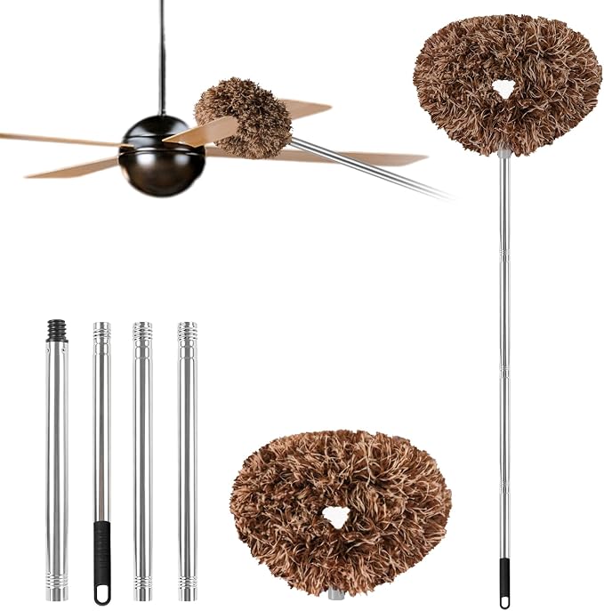 Ceiling Fan Cleaner Duster Reusable Microfiber Ceiling Fan Blade Cleaner Removable Duster with Extension Pole Adjusts 13 to 49.7 Inch for Cleaning Walls Furniture Door Window Top (Beige Brown)
