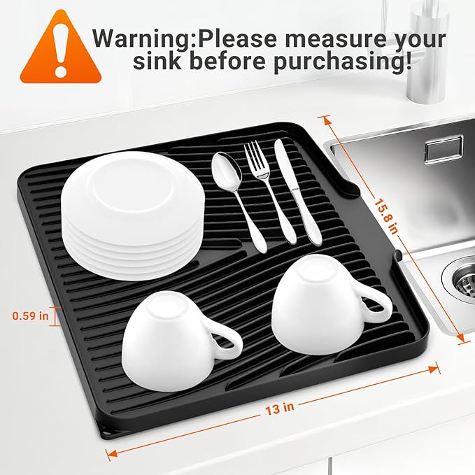 Silicone Dish Drying Mat for Kitchen counter, 15.8"x13" Extra Large Non-Slip Drain Pad with Built-in Drainage, Heat Resistant Dishwasher Safe, Black