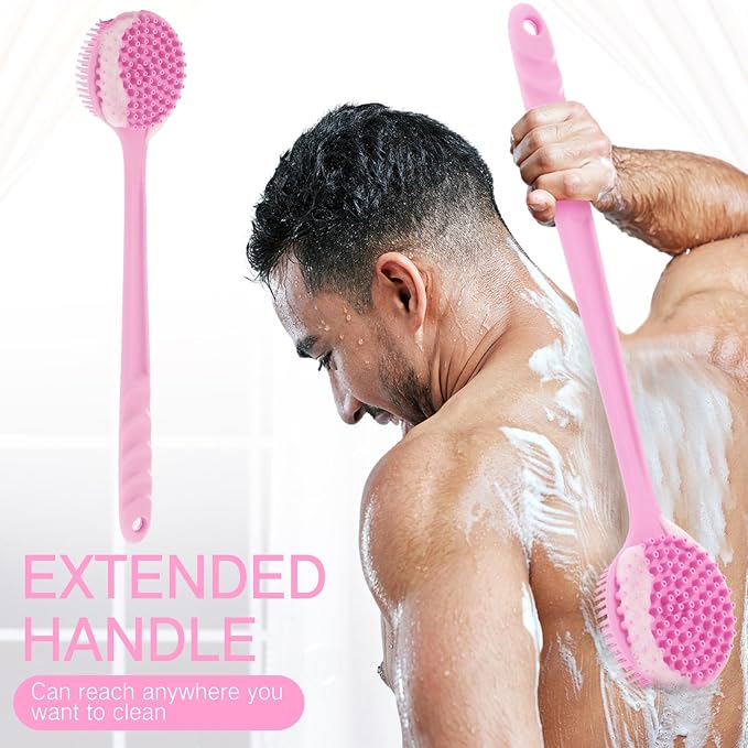 Sunnyray 2 Pack Silicone Back Scrubber for Shower with 15" Long Handle Double-Sided Bath Body Brush for Exfoliating Easy to Clean Quick Dry Deep Cleaning Lathers Well(Pink)