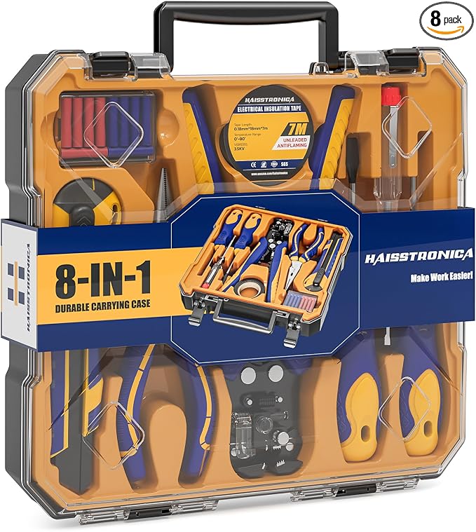 haisstronica 8PCS Electrician Tool Kit, Automatic Wire Stripper, Pliers | Voltage Pen, 2 Drivers, Utility Knife, Tape, Storage Case, Electronics Repairs