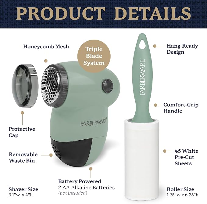 Farberware Fabric Shaver & Lint Roller Set, Small, Portable | Sticky sheets lift pet hair and dust, triple-blade design restores fabrics to like-new condition, for clothing and bedding