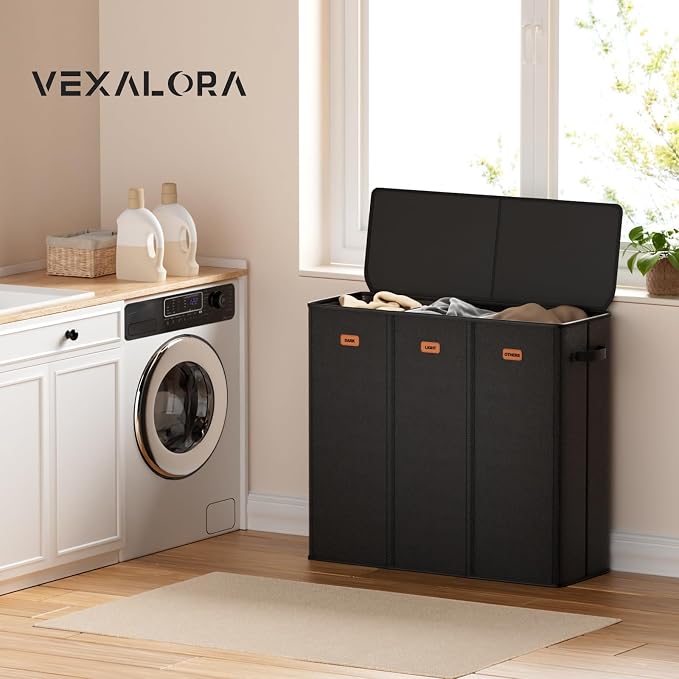 185L Laundry Hamper 3 Section, Laundry Hamper with Lid, Dirty Clothes Hamper with 3 Removable Washing Bags, Extra Large Laundry Basket Organizer for Bedroom, Laundry Room, Dorm - Black