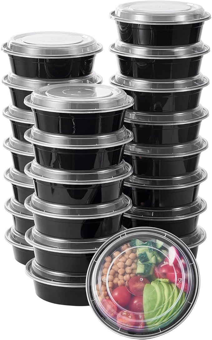 Jaluxing 24 oz 150 ct Round Meal Prep Food Storage Containers with Lids To Go Plastic Lunch Plan Box Disposable Take Out Bowls Black BPA Free Durable Stackable Microwave Freezer Safe (Formerly FULING)