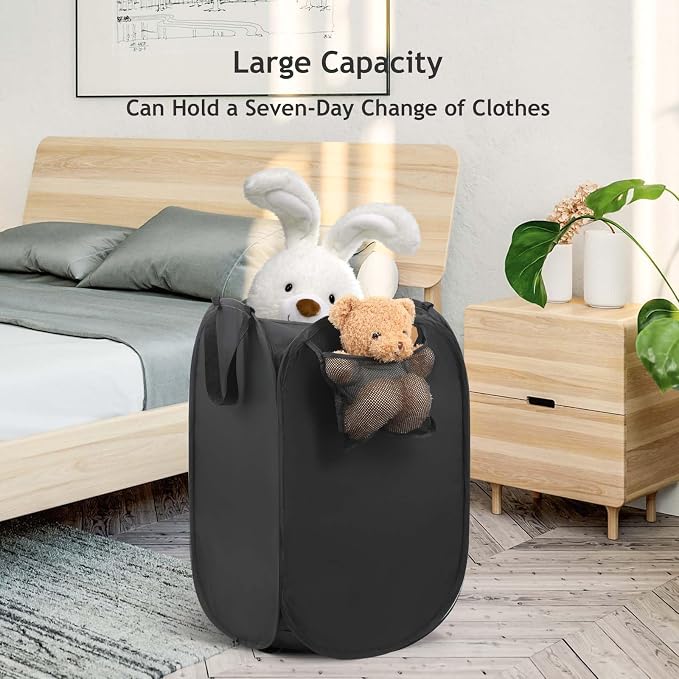House Again Upgraded Polyester Pop-up Laundry Hamper, 70L (18.5 Gal) Laundry Basket with Durable Handles, Solid Bottom, High Carbon Steel Frame and Side Pocket, Easy to Open and Fold Flat for Storage