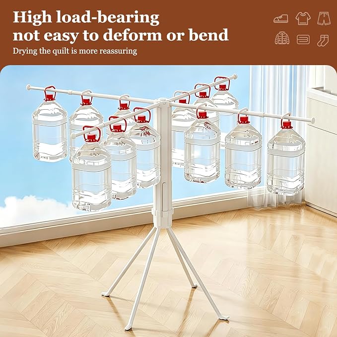 Adjustable Collapsible Umbrella Style Clothes Drying Rack, 4Legs6Telescopic Arms, Space-Saving Freestanding Laundry Airer with Windproof Clips, Easy Setup Indoor Outdoor (White-Plastic)