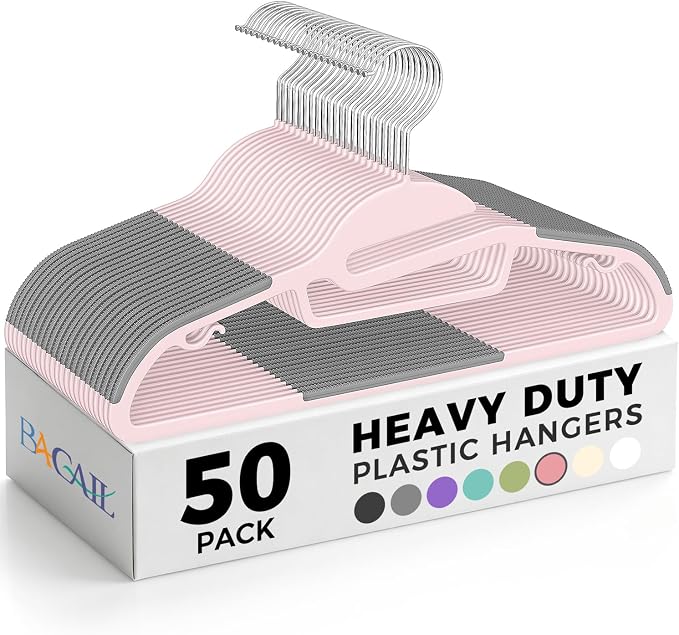 Heavy Duty Plastic Hangers 50 Pack with Non-Slip Design,0.2 Inches Thick,360°Swivel Hook Space Saving Organizer for Bedroom Closet,Shirts,Pants,Strong Enough for Coat(Pink- S Shaped)