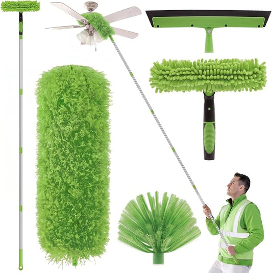 30 Feet High Reach Duster Kit with 2-24 ft Extension Pole High Ceiling Dusting and Window Cleaning Kit with Window Washer & Squeegee, Cobweb Duster, Washable Head for Ceiling Fan(Green)