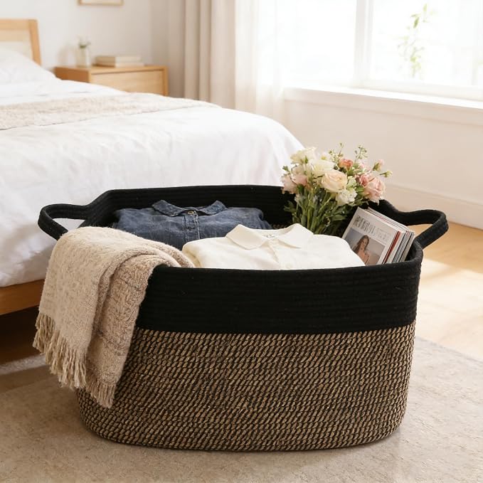 65L Laundry Basket with Handles, Woven Blanket Basket, Black/Jute | 21"×16"×12" Collapsible Cotton Rope Storage Basket for Toys Clothes & Pillows, Nursery, Bathroom, Bedroom, Living Room
