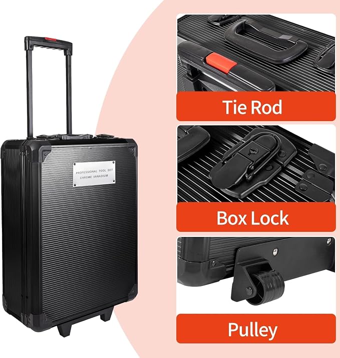 Arcwares 799pcs Aluminum Trolley Case Tool Set Silver, House Repair Kit Set, Household Hand Tool Set, with Tool Belt,Gift on Father's Day (Black)