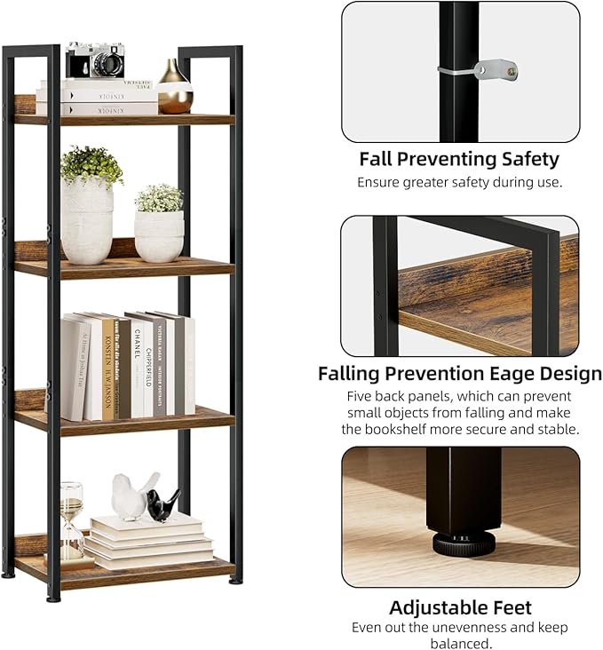 NUMENN Narrow Bookshelf, 4 Tier Freestanding Shelving Unit, Vintage | Small Book Shelf for Small Spaces, Metal Frame & Wood Shelves, Falling Prevention Baffle, Bookcase for Bedroom&Home Office