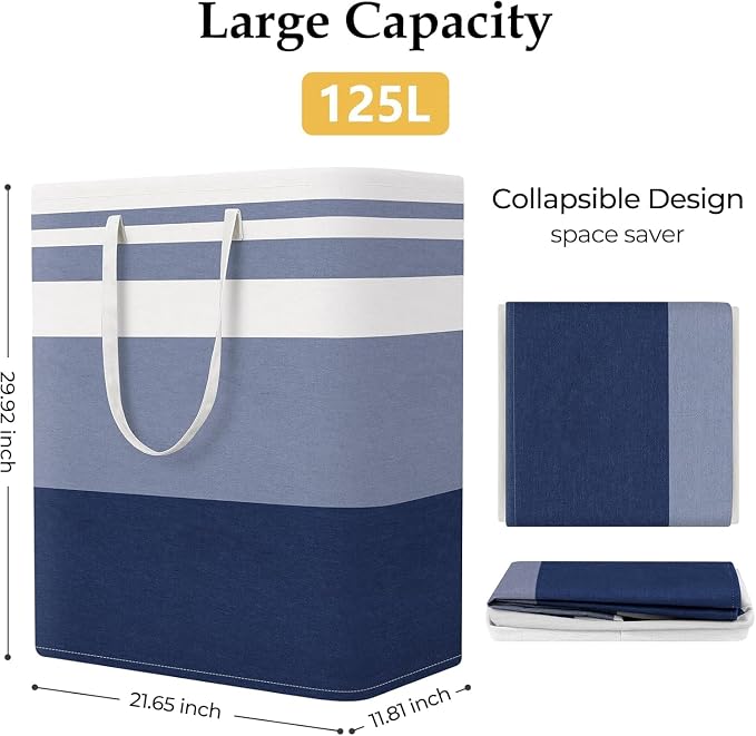 StorageRight Laundry Basket Hamper, 125L Collapsible Clothes Storage, Blue | Freestanding Clothes Hampers, Foldable design, with Easy Carry Handles, For Laundry, Bedroom, Dorm, Clothing, Towels, Toys