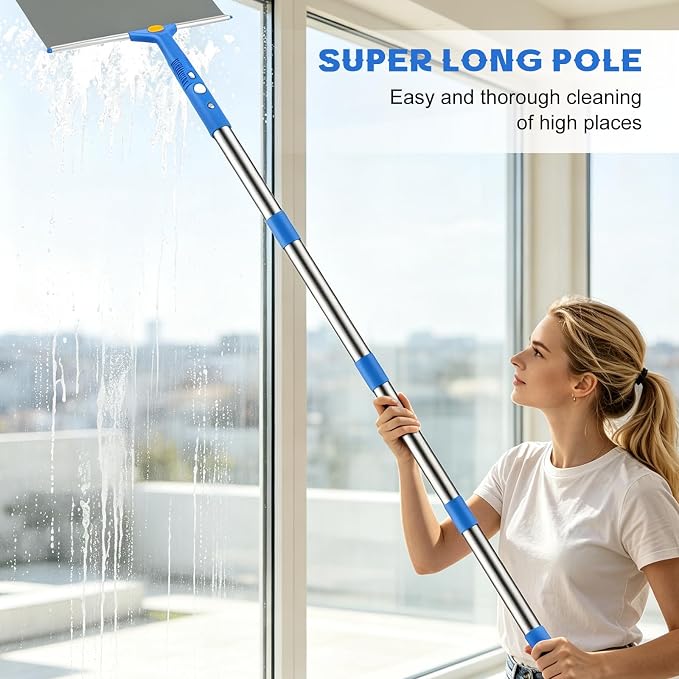 SetSail Window Cleaning Kit with Bucket 3 Gallon, 14-in Window Squeegee and 15-in Microfiber Scrubber, 64" Window Washing Kit, Professional Window Cleaner Tool for Indoor Outdoor Commercial Car, Blue