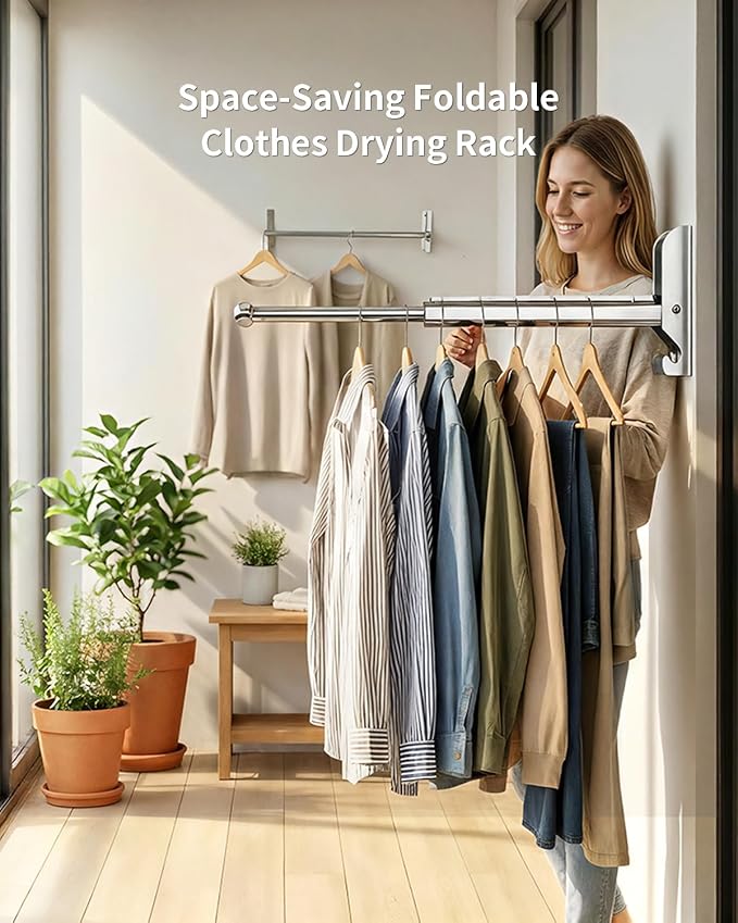 BaiNong Pull Out Wall Mounted Clothes Drying Rack Silver 13" Foldable | Laundry and Drying Solutions for Small Spaces Easy to Install