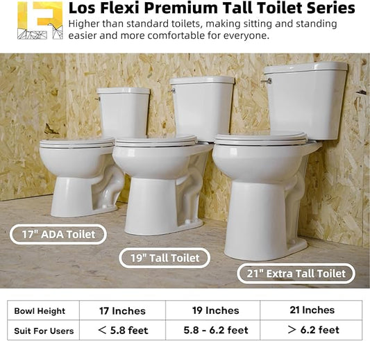 Tall Toilets For Seniors 21 Inch, Los Flexi Comfort & High Toilet, Elongated Bowl and Soft-Close Seat, 1.28 GPF Extra Tall Handicap Toilet with Efficient Siphonic Flush & 12" Rough-In