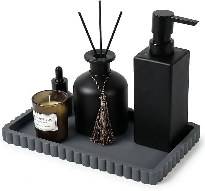 Silicone Bathroom Vanity Tray, Sink Caddy for Dish Soap Dispenser, Sponge Holder for Kitchen Sink, Rectangle Bathroom Countertop Organizer for Perfume, Jewelry, Candle (9.9” * 6”, Dark Grey)