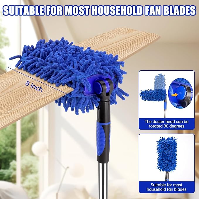 CALBEAU Ceiling Fan Cleaner Duster with 80" Extension Pole | 90° Folding Head; Adjustable 35"-80" Pole; Bendable Washable Chenille, for Ceiling Fan Blade Cleaner, Lamps, Vents