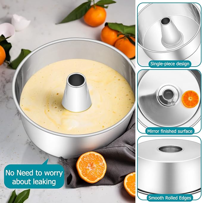 E-far Angel Food Cake Pan Set of 2, 10-Inch Stainless Steel Tube Pan for Baking Pound Chiffon Cake, One-piece Design & Non-toxic, Dishwasher Safe