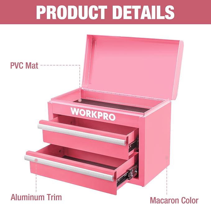 WORKPRO Metal Mini Tool Box with 2 Drawers and Top Storage | Cold Rolled Steel Toolbox, Ball Bearing Slides, PVC Drawer Liners, PP Feet Pads, Durable Storage