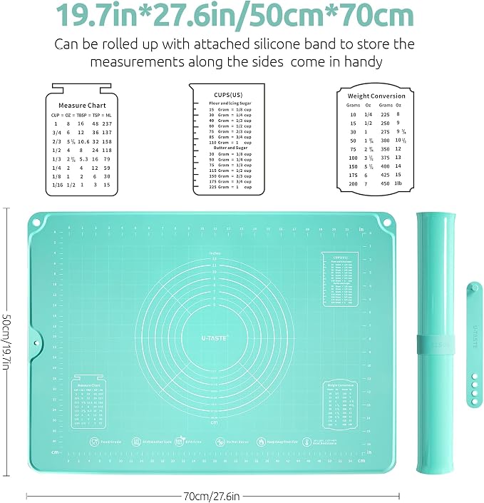 U-Taste 28"x20" Large Pastry Mat: Food-Grade Liquid Silicone Dough Rolling Baking Sheet, Non-Stick Non-Slip for Kneading, Making Pizza, Fondant, Pie with Clear Measurement and Raised Edges (Aqua Sky)