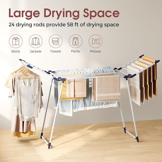 APEXCHASER Clothes Drying Rack, Large Capacity Drying Rack, 69" L, White | No Assembly, 69" X 22.4" X 40", 37lbs Hold, Foldable Drying Rack Clothing, Sturdy Metal Frame, Laundry, Indoor & Outdoor Use