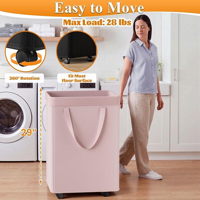Optish Pink Laundry Basket with Wheels, Dorm Room Essentials Girl, 90L Rolling Laundry Hamper with Wheels, Large Clothes Hamper on Wheel with Removable Mesh Bag for Bedroom, Dorm