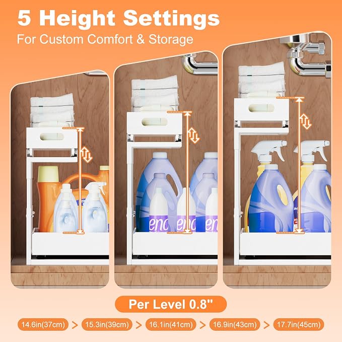 Upgrade 1 Pack Expandable Under Sink Organizer: 2-Tier Pull Out Cabinet with 3 Heavy-Duty Ball-Bearing Slide Rails, Tool-Free Height Adjustable, Slide-Out Drawers for Kitchen, Bathroom, Laundry