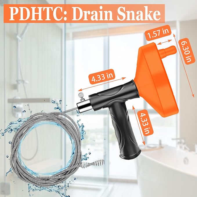 33 Feet Drain Snake Auger, Plumbing Snake Drain Hair Clog Removal Tool, Heavy Duty Toilet Snake Auger, Sink Unclogger Drain Cleaner Tool for Bathroom Kitchen Tub Shower with Gloves