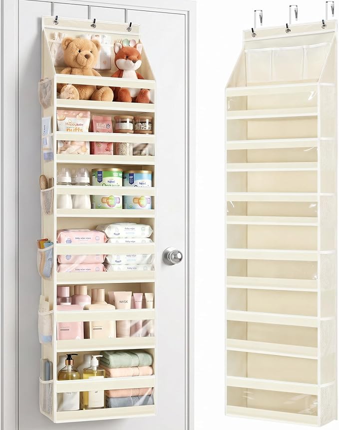 Yecaye 7 Tier Over the Door Organizer, Large Capacity Door Organizer Hanging with Clear PVC Windows, Behind the Door Storage for Bedroom Nursery Closet Laundry Pantry Bathroom, Cream White