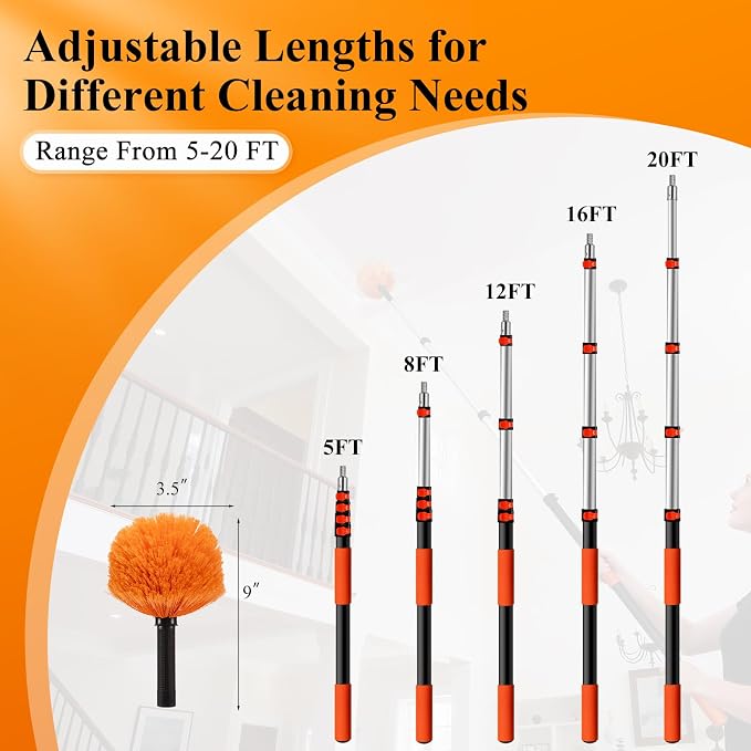 26ft High Reach Cobweb Duster with 20ft Extra Long Extension Pole | Washable Telescoping Spider Web Brush for High Ceilings, Vaulted Ceilings, Churches & Eaves, Indoor/Outdoor Cobweb Cleaner