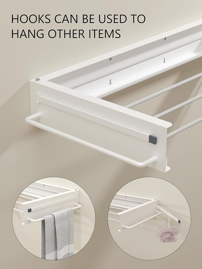 JOOM Wall Mounted Clothes Drying Rack,31.5 Inch Foldable Rack,White,Poles | 5 Aluminum Rods, 60 lb Capacity Collapsible Wall Mount Laundry Drying Rack for Laundry Room, Bathroom, Balcony