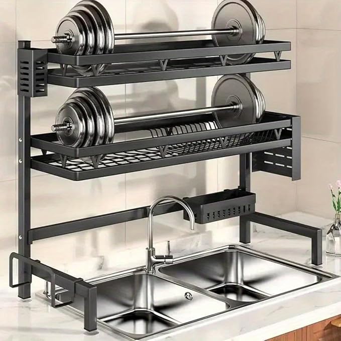 3-Tier Over Sink Dish Draining Rack Adjustable Width and Height with Phone Holder Cup Holder, Knife and Chopstick Holder, Cutting Board Rack, Space-Saving Rack