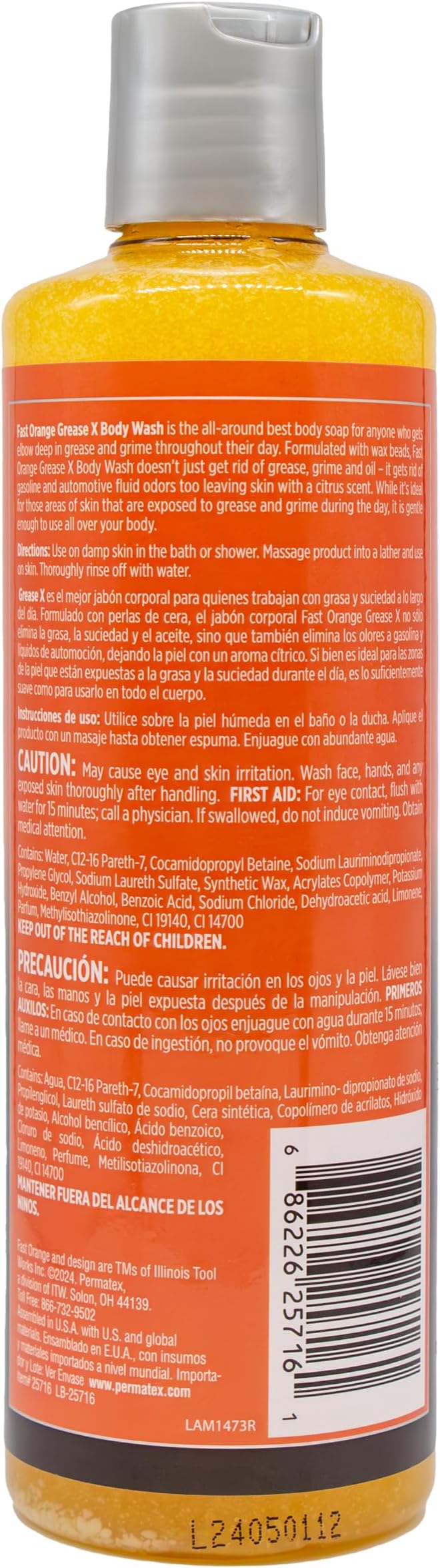 Fast Orange 25716 Grease X Body Wash, Exfoliating & Hydrating Heavy Duty Shower Gel for Men and Women, Mechanic & Industrial Body Soap Removes Grime, Oil, Automotive Odors & More, Citrus Scent 16 Oz.