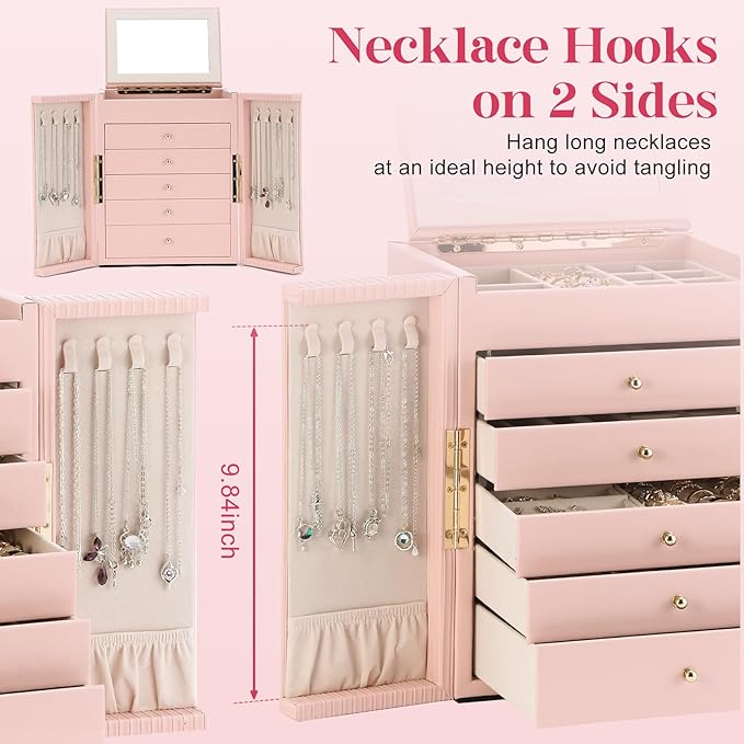 Dajasan Large Jewelry Organizer Box, 6-Tier Jewelry Storage Case with 5 Drawers, Jewelry Boxes for Women Girls with Mirror, Double Door, Textured PU Leather, Gift Idea, Stylish (Pink + Gold)