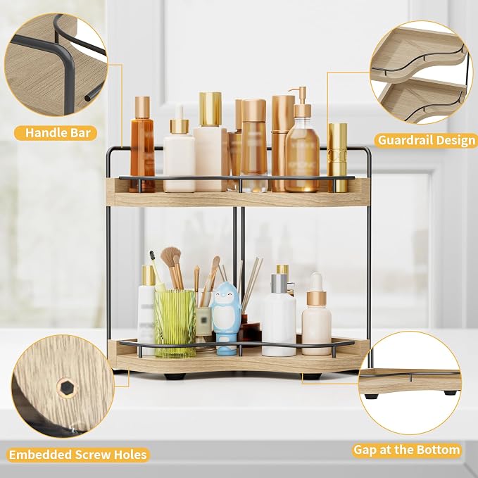 2-Tier Corner Bathroom Counter Organizer, Larger Size | Embedded Screw Holes, Sturdy & Stable, Holds More Bottles, Vanity shelf for Makeup & Skincare, Light Walnut