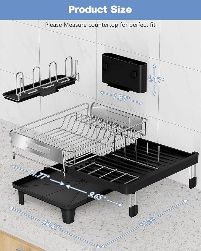 Expandable Dish Drying Rack for Kitchen Counter, 304 Stainless Steel, Flip-Top Retractable Plate, Multi-Directional Adjustable, Space-Saving Large Drying Rack, Black