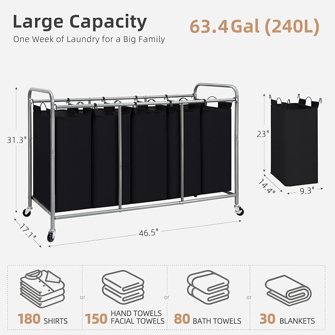 STORAGE MANIAC 5 Section Laundry Sorter, 5 Bins Rolling Separator Laundry Basket, Dirty Clothes Hamper Divider with Heavy Duty Lockable Wheels, Large Clothes Organizer Cart, Black