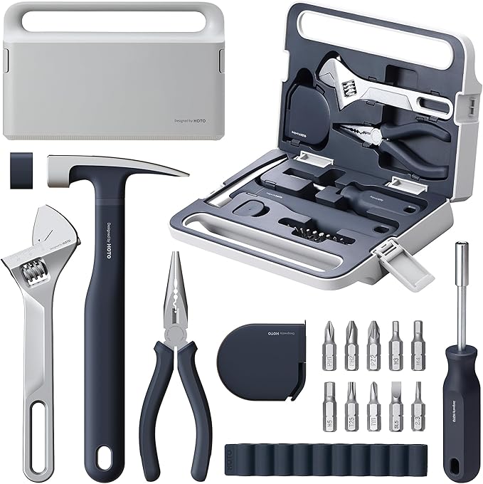 HOTO 16-Piece Home Tool Kit, Basic Hand Tool Set with Storage Box – Includes Screwdriver, Wrench, Hammer, Tape Measure, Plier – Ideal for Household, Garage, Office, Dorm Repairs & DIY Projects