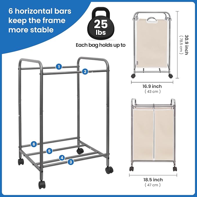 STORAGE MANIAC Laundry Sorter 2 Section, 90 L Gal Laundry Hamper with Wheels, Clothes Basket Separator Sorter, 2 Bag Cart and Removable Bags for Closet, Dorm, Collage, Beige