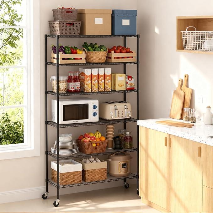 FDW | 6-Tier Wire Storage Shelves with PP Shim | 45"x18"x82" Wheels | Black | Adjustable Racks | Heavy-Duty Metal Shelf, Holds Upto 2100 lbs | Tool-Free Assembly, Rust-Resistant | for Home & Garage