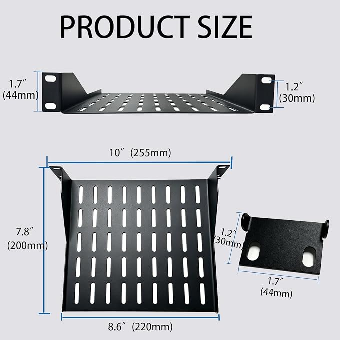 2PCS 1U Server Rack Shelf, 7.8" Depth Vented Rack Mount Cantilever Tray for 10 Inch Network Equipment Rack & Cabinet and Network Shelf Server Cabinet, 22lbs Capacity of Vented 1U Shelf