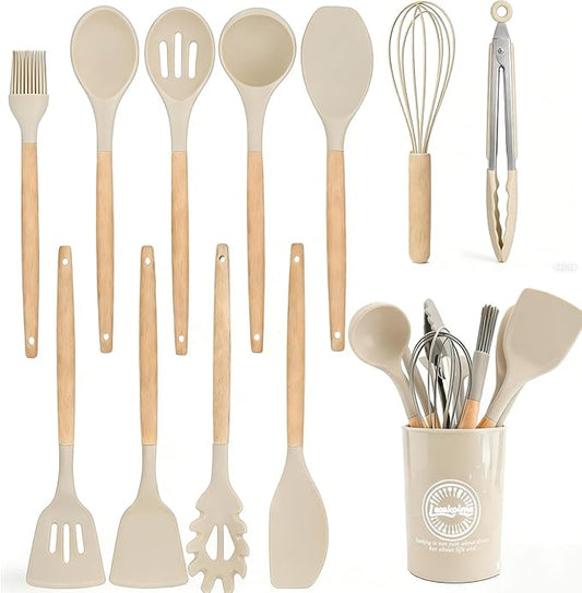 Silicone Cooking Utensil Set,12 PCS Cooking Kitchen Utensils Set, Nonstick Kitchen Utensils 446°F Heat-Resistant Cookware Kitchen Tools of Spoon,Brush,Whisk,Spatula,Turner Tongs (Khaki)