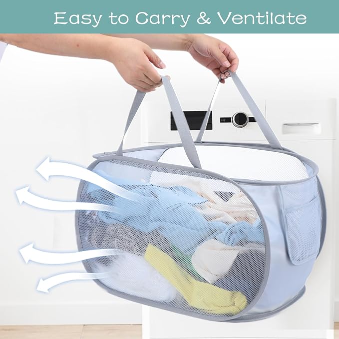 4 Pcs Popup Mesh Laundry Basket, Laundry Hamper with Side Pocket | Foldable, Heavy Duty, Storage Basket with Durable Handles for Bathroom, Travel, Dorm