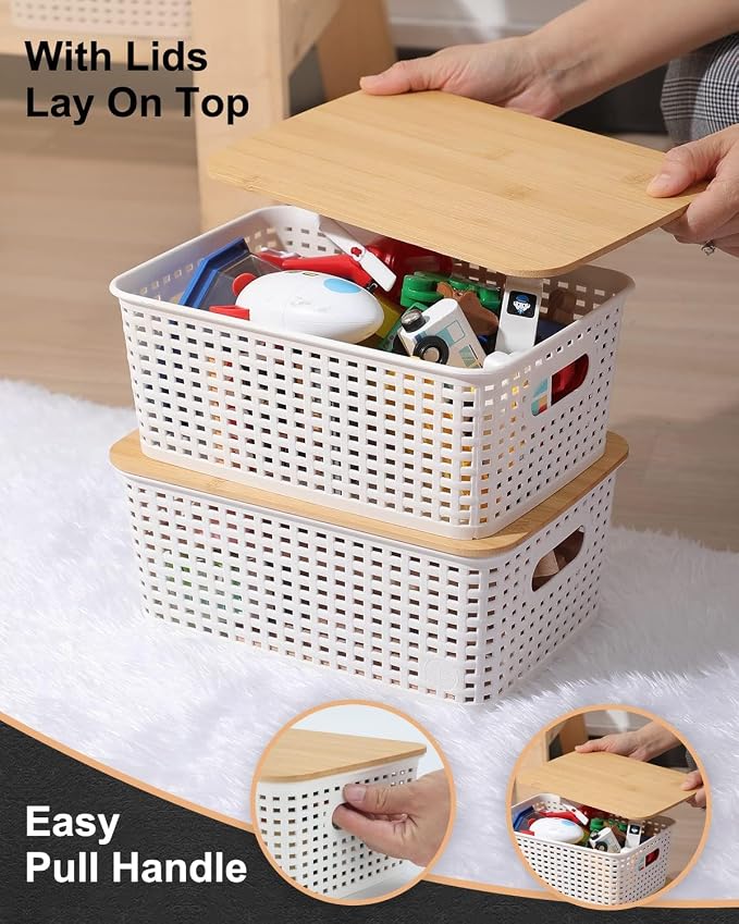 6 Pack Storage Bins with Bamboo Lids,Plastic Storage Baskets and Storage Containers, Storage Baskets for Organizing Shelves Drawers Desktop Closet Playroom Classroom Office Home