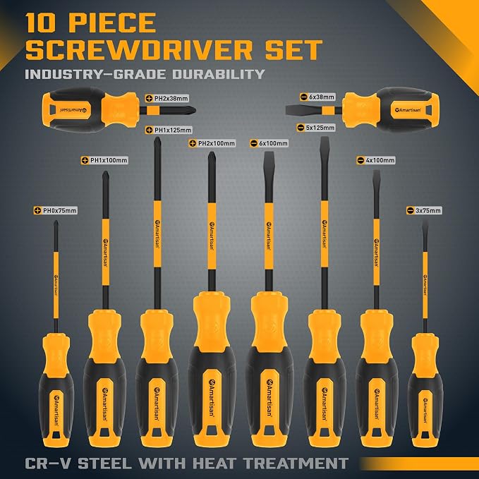 Amartisan 12-Piece Magnetic Screwdrivers Set, 5 Phillips and 5 Slotted Tips Professional Cushion Grip Screwdriver Set （2pcs Portable Multifunction Key Mini Screwdriver）