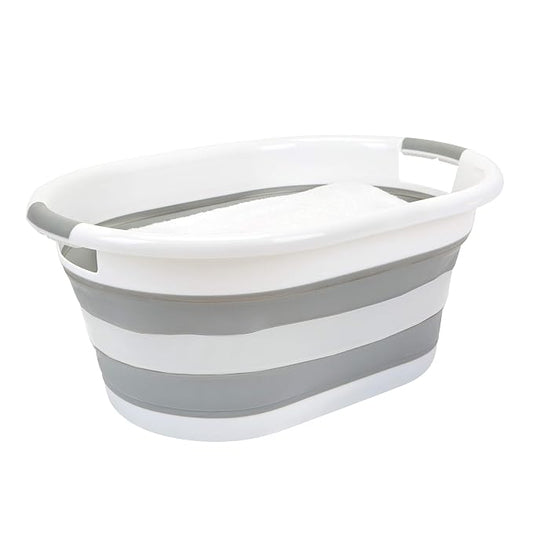 Laundry 360 Collapsible Laundry Basket | Portable | Space Saver Storage | 27 Liter Capacity | Store Under the Bed or Closet | Good for Kids | Dorm | Bedroom | Large | White/Grey